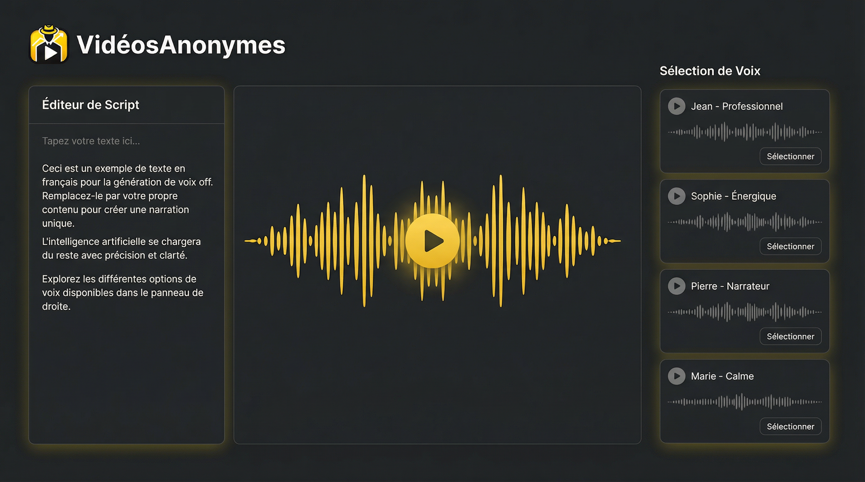 Interface de generation de voix off par IA en francais