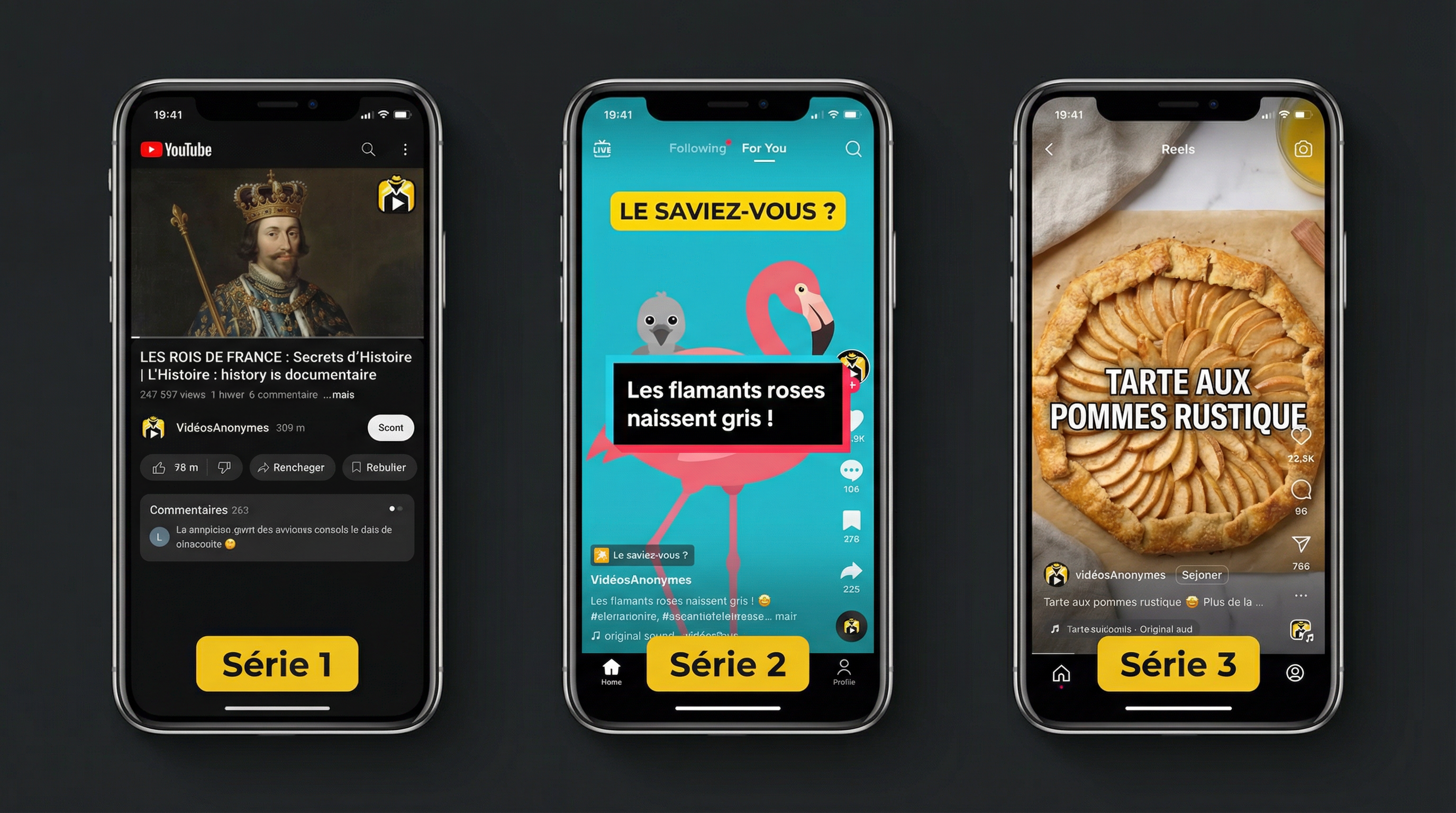 3 séries VidéosAnonymes sur YouTube, TikTok et Instagram